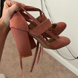 Pink strappy lace up sandals